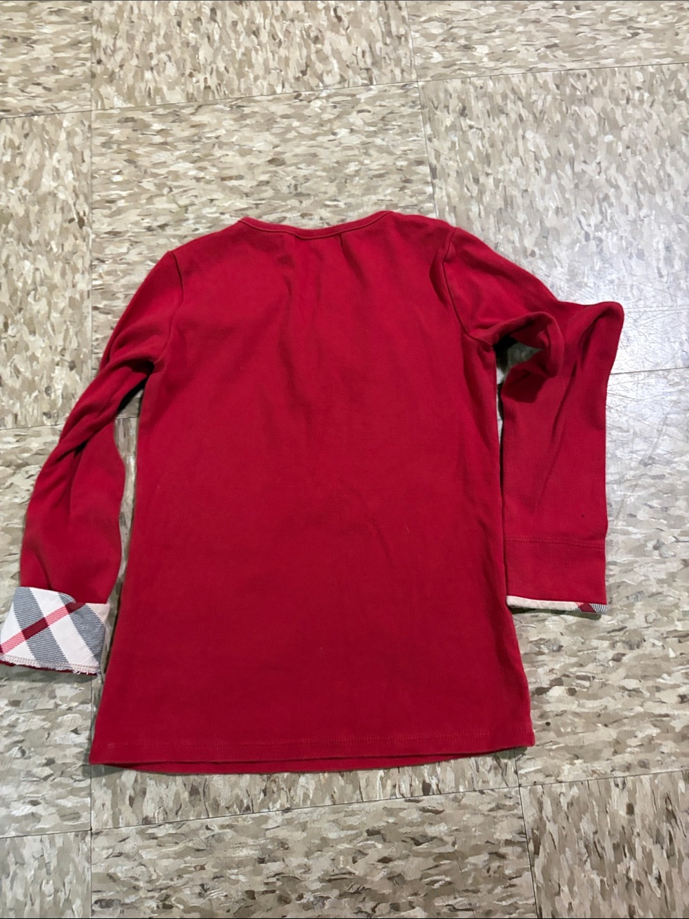 Burberry Girls Red Long-Sleeve Tee with Plaid Cuff - Picture 7 of 7